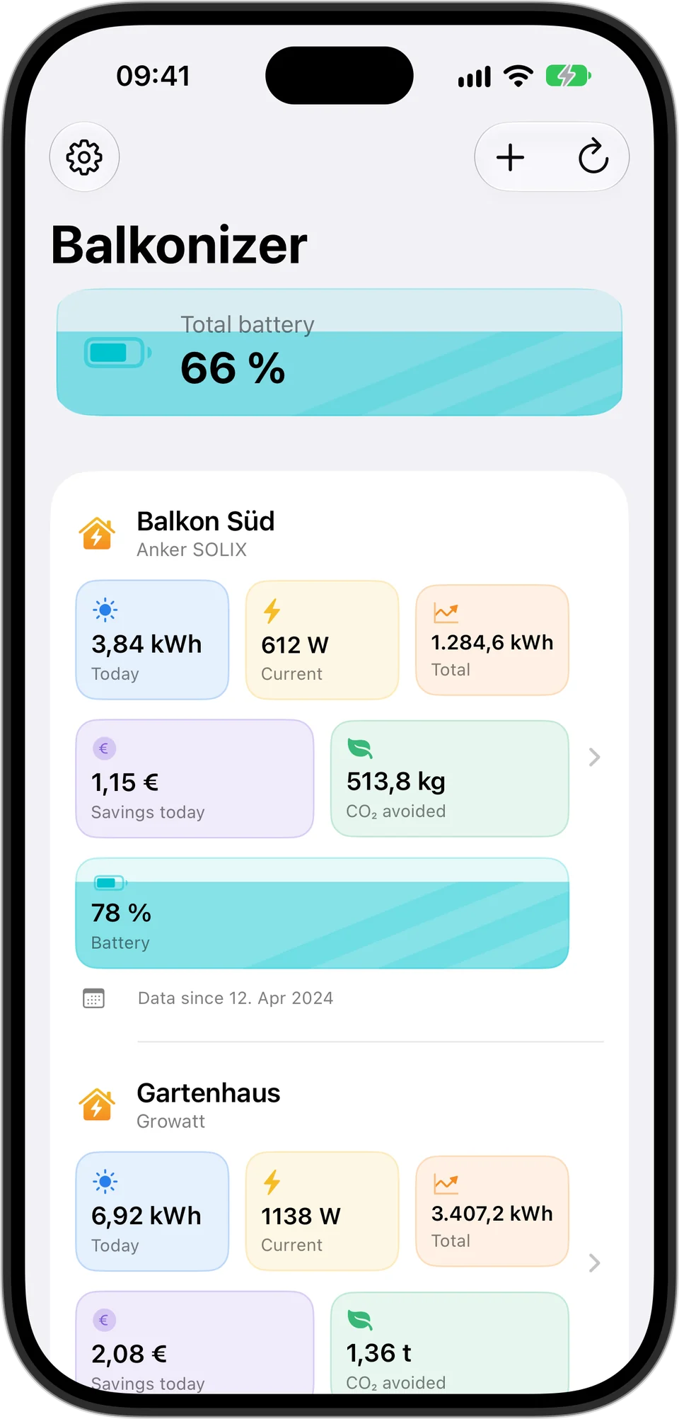 Balkonizer on iPhone: overview of two solar systems with today’s yield, current output and savings (German interface)