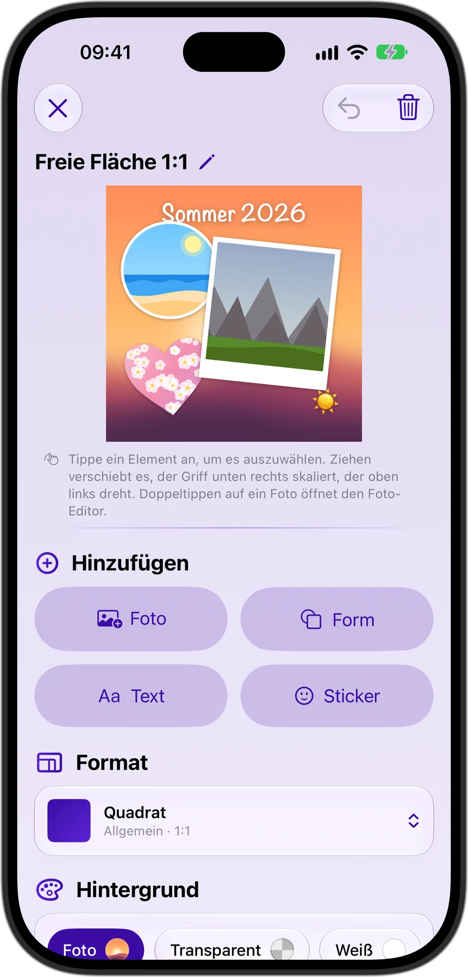 Gridium auf dem iPhone: freie Fläche mit Polaroid-Foto, Herz-Form und dem Text „Sommer 2026“ auf einem Fotohintergrund