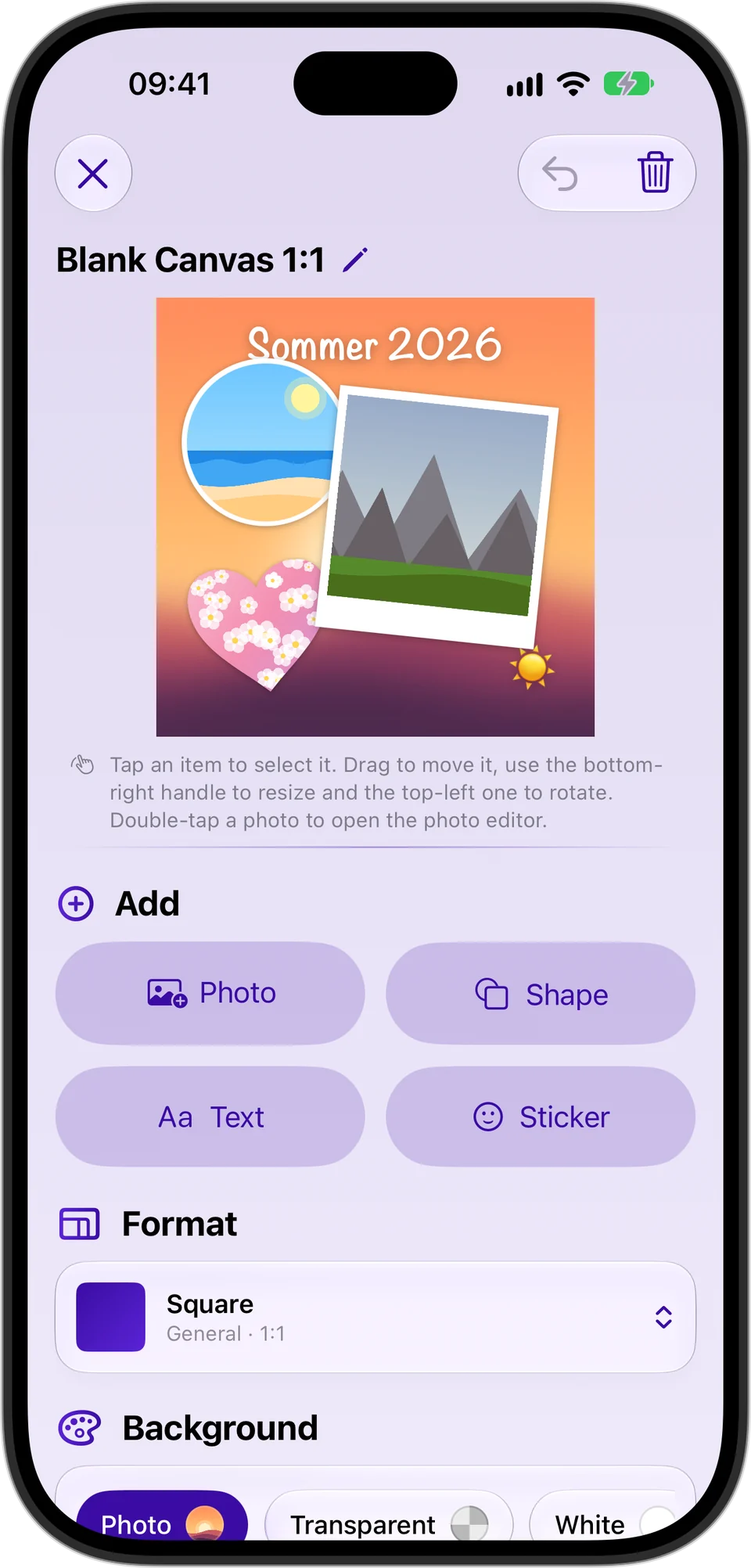 Gridium on iPhone: blank canvas with a Polaroid photo, a heart shape and the text “Sommer 2026” on a photo background