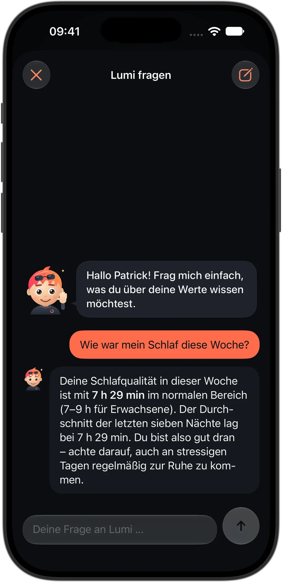 HealthLumio auf dem iPhone: „Lumi fragen“ beantwortet eine Frage zum Schlaf der Woche