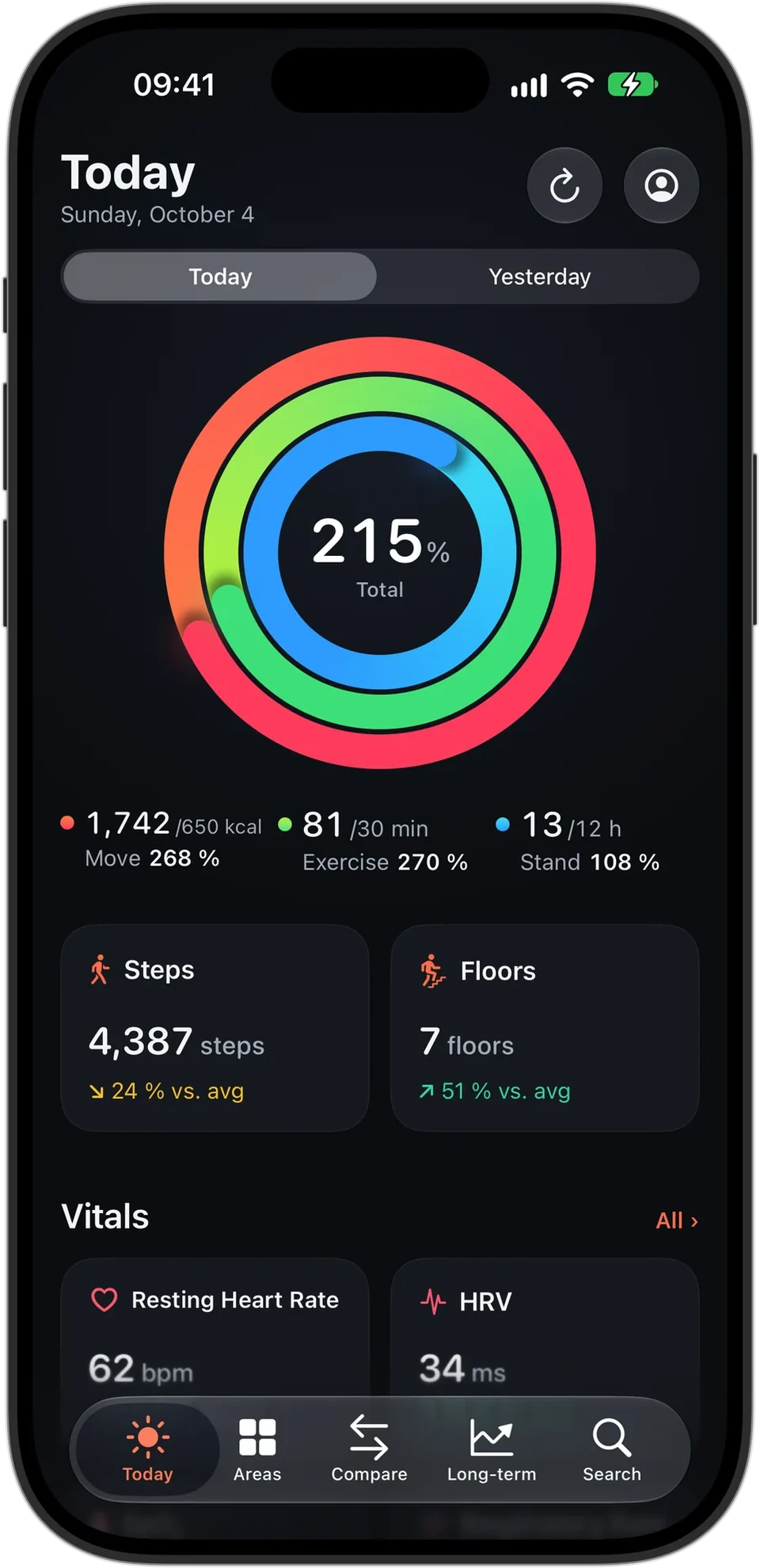 HealthLumio on iPhone: the “Today” overview with activity rings and vitals
