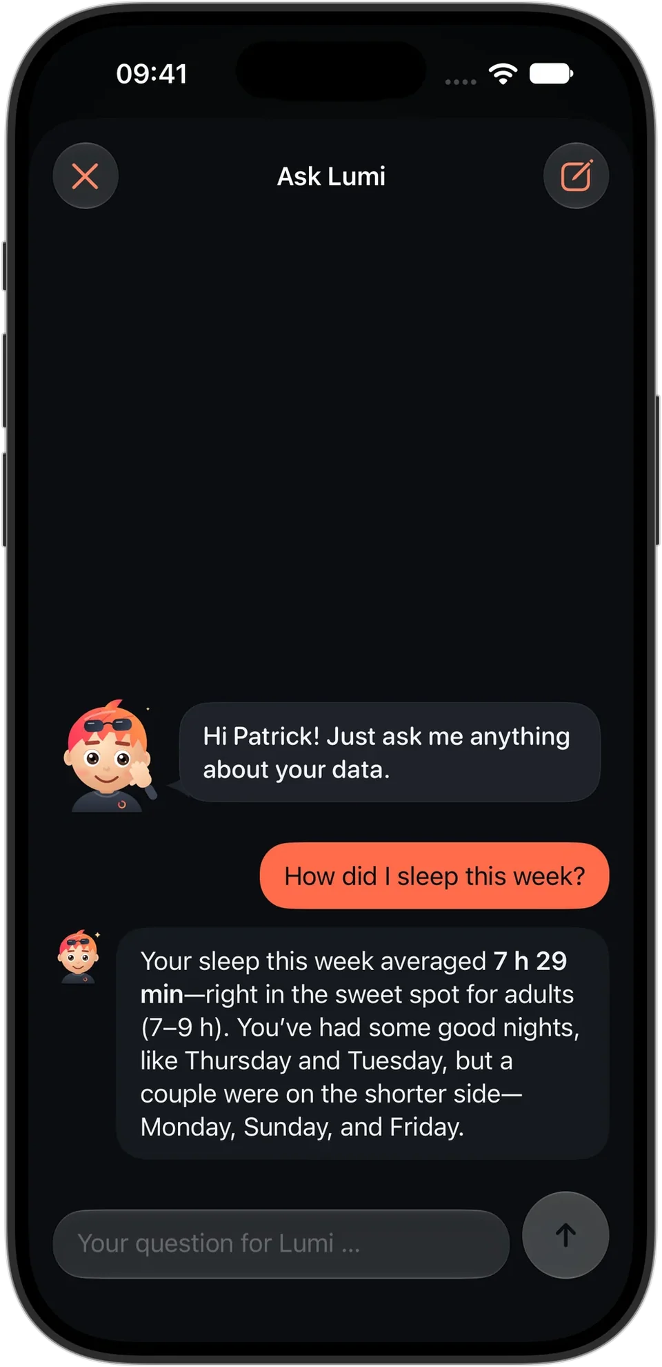 HealthLumio on iPhone: “Ask Lumi” answers a question about this week’s sleep