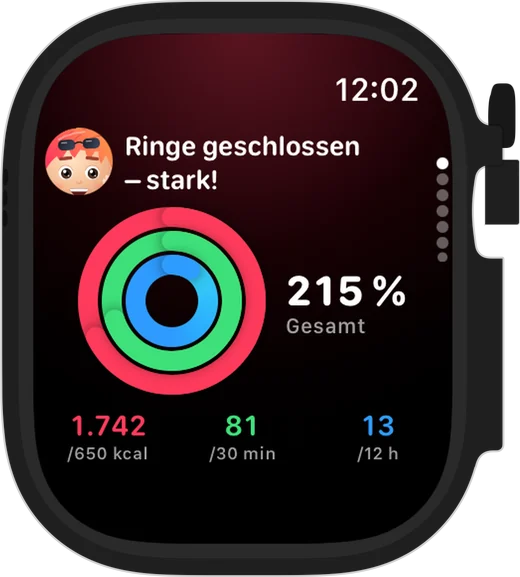 HealthLumio auf der Apple Watch: Aktivitätsringe mit „Ringe geschlossen – stark!“