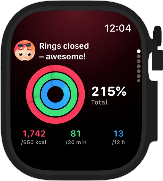 HealthLumio on Apple Watch: activity rings with “Rings closed – strong!”